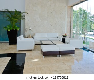 Lounge Area Of A Hotel. Fragment Of The Modern Lobby Of The Five Stars Hotel In Mexico. Interior Design.