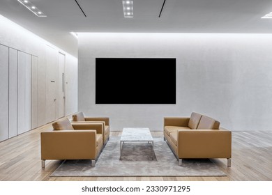  lounge interior with Big screen TV. Mock up blank tv display.