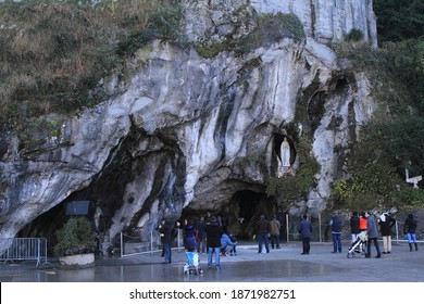 lourdes, France , 12-31-1-2014 Grotto in Lourdes, France landscape, where Bernadette Soubirous saw a vision of the virgin Mary
