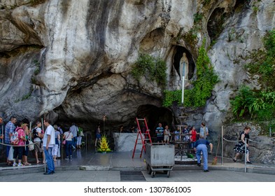 Lourdes, France; August 2013:  Grotto in Lourdes, France, where Bernadette Soubirous saw a vision ot the Virgin Mary in a cave called Massabielle near the Gave river