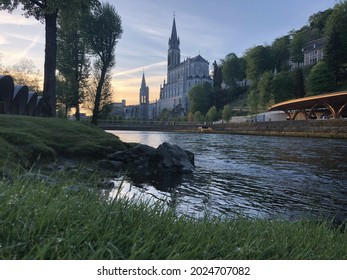 Lourdes, France - Panoramic view of  the Sanctuary of Our Lady of Lourdes, at the crack of dawn