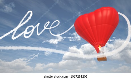 Love is in the air. word love drawn in the sky by an aeroplane. Hot air balloon in the shape of heart. Valentine's Day, Romantic, Wedding or Birthday background