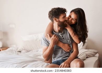 Love, apartment bedroom and happy couple hug, bond and spending relax morning together, bonding and smile. Happiness, home or romantic people embracing with affection, care and quality time on bed - Powered by Shutterstock