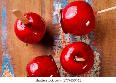 Love Apple. Red Caramel Covered Apple Dessert. Top View.