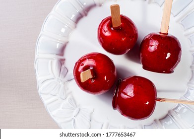 Love Apple. Red Caramel Covered Apple Dessert. Top View.