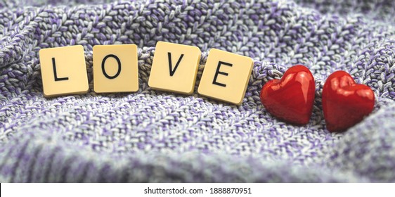 Love Banner, Valentine's Day Composition With Word Love Made With Scrabble, Two Red Glass Heart, Love Concept, Couple, Romantic Photo