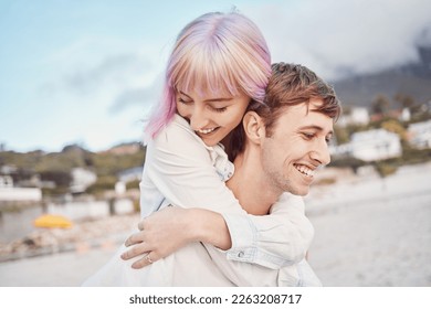 Love, beach and piggy back, couple on date for valentines day, ocean fun and romantic embrace at sunset. Romance, happiness and smile, gen z woman and man on tropical valentine holiday in Indonesia. - Shutterstock ID 2263208717