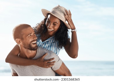 Love, beach and piggy back, happy couple with blue sky on romantic summer holiday travel to ocean. Romance, man and woman have fun at sea, happiness on honeymoon and vacation time together in Mexico. - Powered by Shutterstock