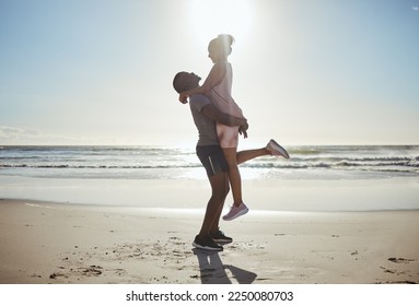 Love, beach sunset and black couple on travel holiday honeymoon for anniversary in Cancun Mexico spring break, summer fun and fitness run. Man, woman and happy relationship romance enjoy morning sun - Shutterstock ID 2250080703