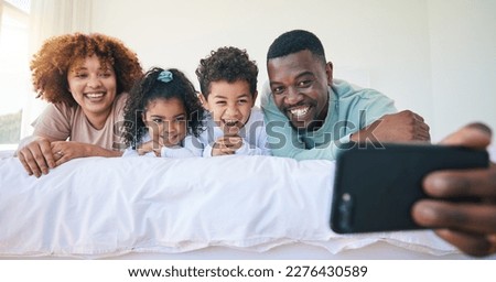 Love, bedroom and selfie of happy black family bonding, relax or enjoy quality time together on Jamaica holiday. Youth children, parents and morning memory photo of kids, mother and father on bed