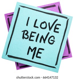 I Love Being Me - Positive Affirmation - Handwriting On An Isolated Sticky Note