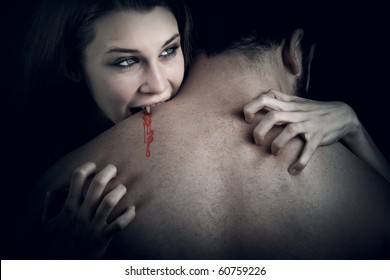 Love And Blood Story - Vampire Woman Biting Her Lover