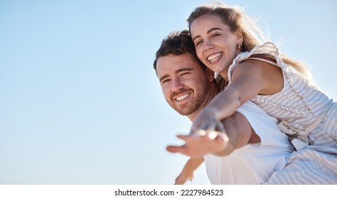 Love, blue sky and happy couple together for summer, holiday and outdoor wellness, date anniversary and freedom with mockup. Happy woman and man piggyback ride for support, care and healthy lifestyle - Powered by Shutterstock