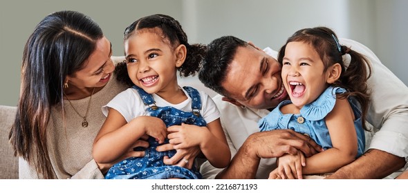 Love, Care And Parents With Happy Family Of Children Laughing Together At Home In Puerto Rico. Mama, Father And Daughter Siblings Bonding In House With Cheerful Affection And Excited Smile.