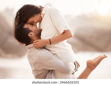 Love, carry and couple at beach with hug on vacation, adventure and holiday for valentines day. Sunset, happy and man with embrace for bonding, together and woman by ocean for romantic trip on island