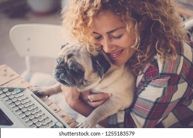 Love Concept For Beautiful Curly Blonde Middle Age Caucasian Woman And Her Best Friend Old Dog Pug - Hug And Friendship Human Animals - Odd Friends And Nice People - Team Work Together