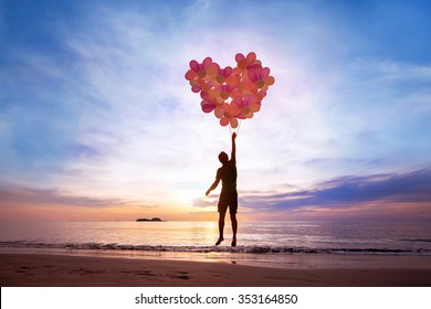 Love Concept, Man Flying With Heart From Balloons, Fall In Love