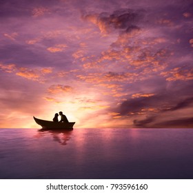 Love Concept, Silhouette of Couple having Romantic Moment and making Kiss on Boat in the Bursting Twilight Sea, Dramatic Emotional, Valentines Day Background