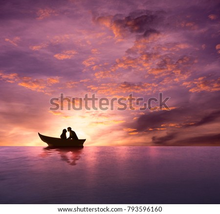 Love Concept, Silhouette of Couple having Romantic Moment and making Kiss on Boat in the Bursting Twilight Sea, Dramatic Emotional, Valentines Day Background