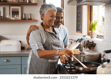 Love, cooking and old man with happy woman at stove in kitchen, embrace and healthy marriage bonding in home. Happiness, help and food in pan, senior couple with smile, hug and dinner in retirement. - Powered by Shutterstock