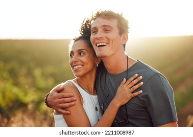 Love, countryside and couple smile, smile and bonding together on a sunny wine farm field and nature agriculture. Interracial, summer and happy man and happy woman on a travel vacation trip in Italy - Powered by Shutterstock