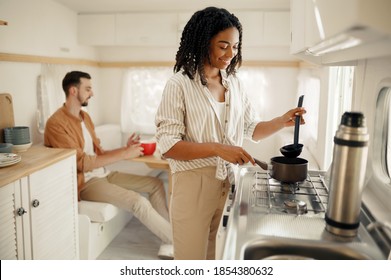 Love Couple Cooking In Rv Kitchen, Camping