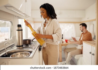 Love Couple Cooking In Rv Kitchen, Camping