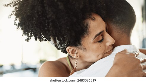 Love, couple and girl hug man in a house with support, trust and greeting, embrace or welcome home gesture. Reunion, hello or people cuddle in apartment with security, safety or comfort with romance - Powered by Shutterstock