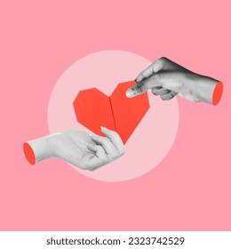 love in a couple, hand with heart, hands of a couple, paper heart, heart origami, commitment in a couple, mutual love, taking heart, day of love, collage art, photo collage - Shutterstock ID 2323742529