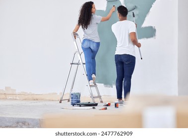 Love, couple and paint wall in house, apartment and interior design or renovation project for upgrade. Man, woman and back together for diy home improvement, remodeling and maintenance for makeover. - Powered by Shutterstock