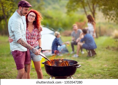 Love Couple Prepare Grill Fire At Camping Place