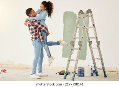 Love Couple Smile Painting House Or Home Interior With Paint And Ladder For DIY Room Project And Maintenance. African Creative And Painter Black People Happy Working On Apartment Wall Design Together