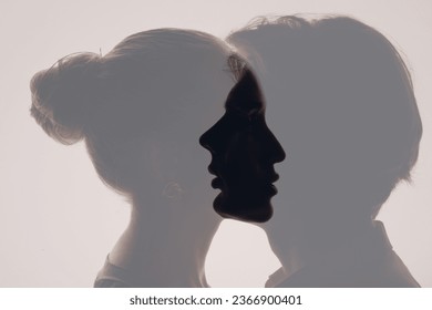 Love of couple young adult man and woman multiple exposure silhouettes