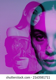 Love. Creative Portrait With Glitch Duotone Effect. Multiple Exposure, Abstract Fashionable Beauty Photo. Young Beautiful Female Model Posing. Youth Culture, Fashionable People. Poster