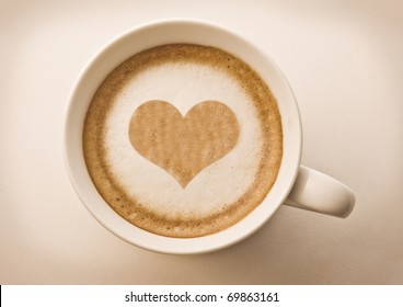 Love Cup , Heart Drawing On Latte Art Coffee