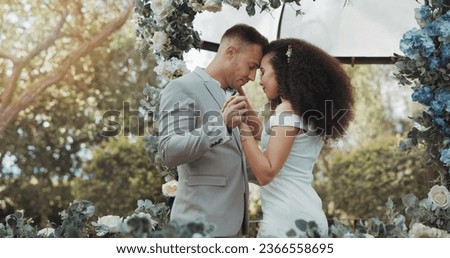 Love, dance and couple at wedding for commitment and in celebration at a outdoor marriage ceremony or event for trust. Husband, wife and happy woman or bride with smile and care for partner together