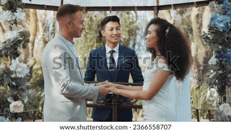 Love, dancing and couple at marriage for commitment and in celebration at a outdoor wedding ceremony or event for trust. Husband, wife and happy woman with smile and care for partner together