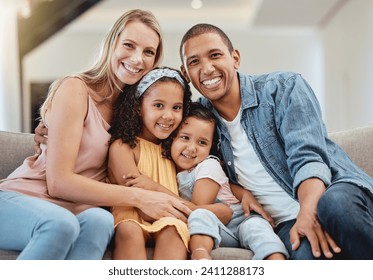 Love, diversity and portrait of happy family hug in rent house living room, bonding and enjoy quality time together. Happiness, child support care and children with mother, father or parents on sofa - Powered by Shutterstock