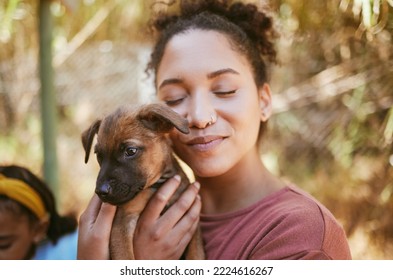 Love, dog and animal shelter with a black woman hugging a foster pet while at a shelter to adopt a rescue animal. Volunteer, charity and adoption with a female holding a cute puppy at the pound