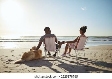 Love, Dog Or Black Family Holding Hands By The Beach, Ocean Or Sea For Sunset Talking, Bonding Or Relax On Summer Day. Family, Travel Or Black Woman And Man For Trust, Support Or Vacation With Sunset