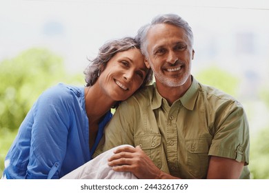 Love, embrace and portrait of mature couple in backyard with comfort, support or trust in marriage. Smile, relax and happy woman with man in garden for romantic gesture with care, kindness and nature - Powered by Shutterstock