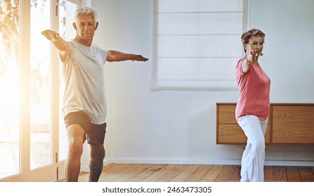 Love, exercise and elderly couple with yoga in home for spiritual wellness, mobility or body health. Senior people, man and woman with warrior pose in exercise for retirement, flexibility and balance - Powered by Shutterstock