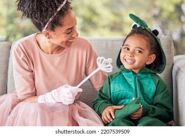Love, Family Costume And Smile On Happy Girl, Child Or Kid Playing Dress Up, Having Fun And Bonding With Mother. Happiness, Princess Mom And Dinosaur Child Enjoy Quality Time Together For Halloween