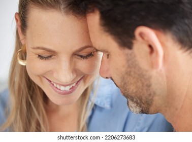 Love, Family And Couple In Their Home Together, Married And Sharing Intimate Moment. Portrait Of Romantic, Smiling And Loving Man And Woman In Happy Marriage Touching Foreheads, Face And Eyes Closed