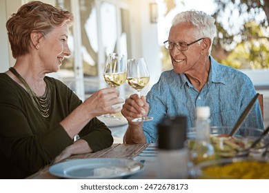 Love, food and senior couple with wine toast on patio for anniversary, celebration or birthday party brunch. Alcohol, happy and old people at outdoor restaurant with retirement, cheers or bonding - Powered by Shutterstock