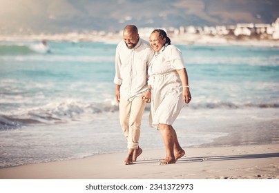 Love, hand holding and senior with black couple at beach and laugh on retirement, vacation and summer break. Travel, smile and and bonding with man and woman walking for happy, funny and relax - Powered by Shutterstock