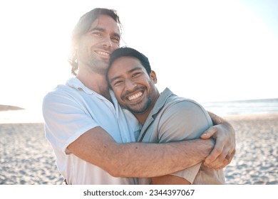 Love, happiness and gay couple on beach, hug and laugh on summer vacation together in Thailand. Sunshine, ocean and smile, lgbt couple embrace in nature for fun holiday with pride, sea and sand. - Powered by Shutterstock