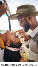 Love, Happy And Black Couple Nose Touch For Playful Road Trip Bonding Moment Together In Nature. Black Woman And African Man In Romantic Relationship Enjoy Travel Adventure Fun In South Africa.