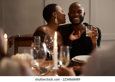 Love, happy or black couple in restaurant, party or dinner celebration bonding for New years, birthday or anniversary date. Drink, smile or black woman and man for success, toast or alcohol at night