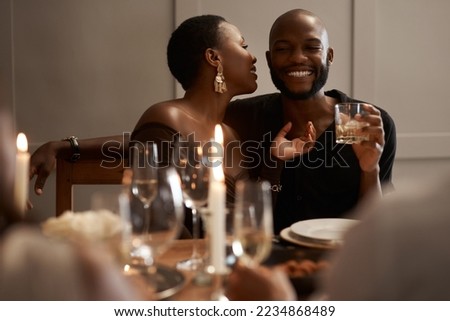 Love, happy or black couple in restaurant, party or dinner celebration bonding for New years, birthday or anniversary date. Drink, smile or black woman and man for success, toast or alcohol at night